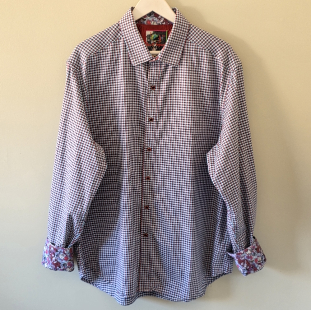 Robert Graham XXL Gingham Houndstooth Flip Cuff Dress Shirt Retro 70s Eclectic
